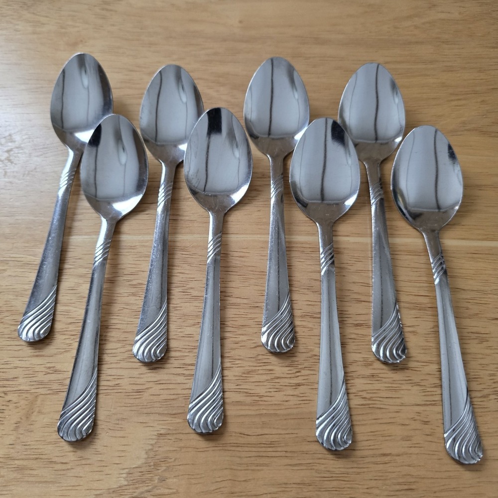 Set of 8 Stainless Steel Teaspoons 6"‎ Unbranded China Swirls/Wavy Flatware